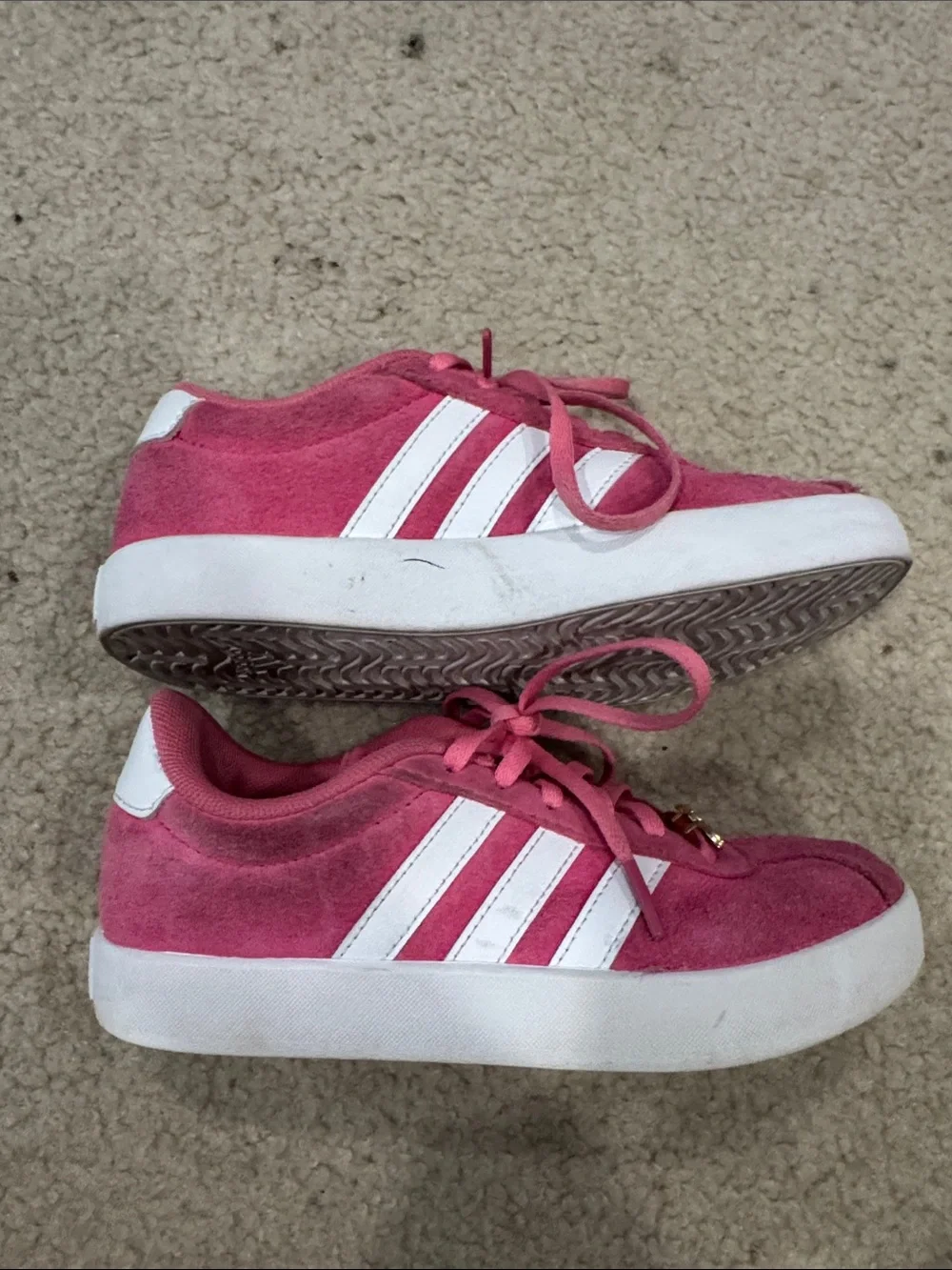 adidas Kids Pink Suede Sneakers with White Stripes